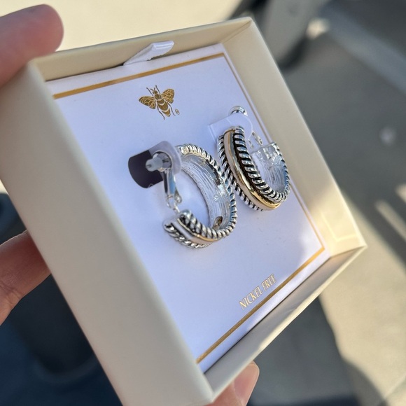 Silver Textured Hoop Earrings with Polished Finish - Picture 3 of 3